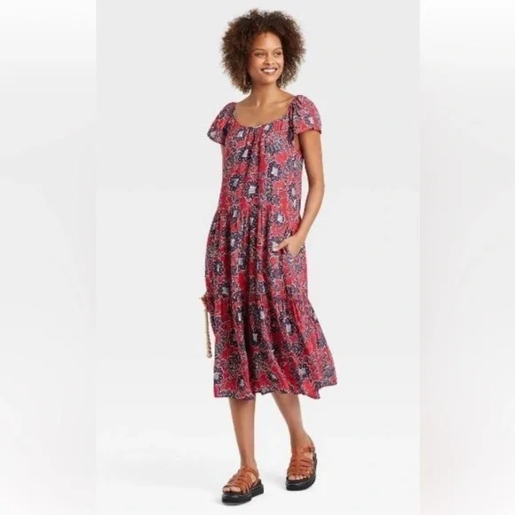 Knox Rose Women's Red Floral Bohemian Maxi Dress - Large NWT - Picture 1 of 9